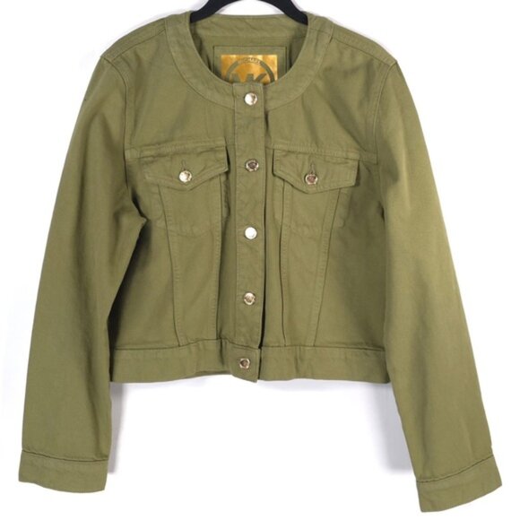 NWT‎ MICHAEL KORS Crop Button Denim Jacket Smoky Olive Gold Details MEDIUM & LG - Picture 1 of 11